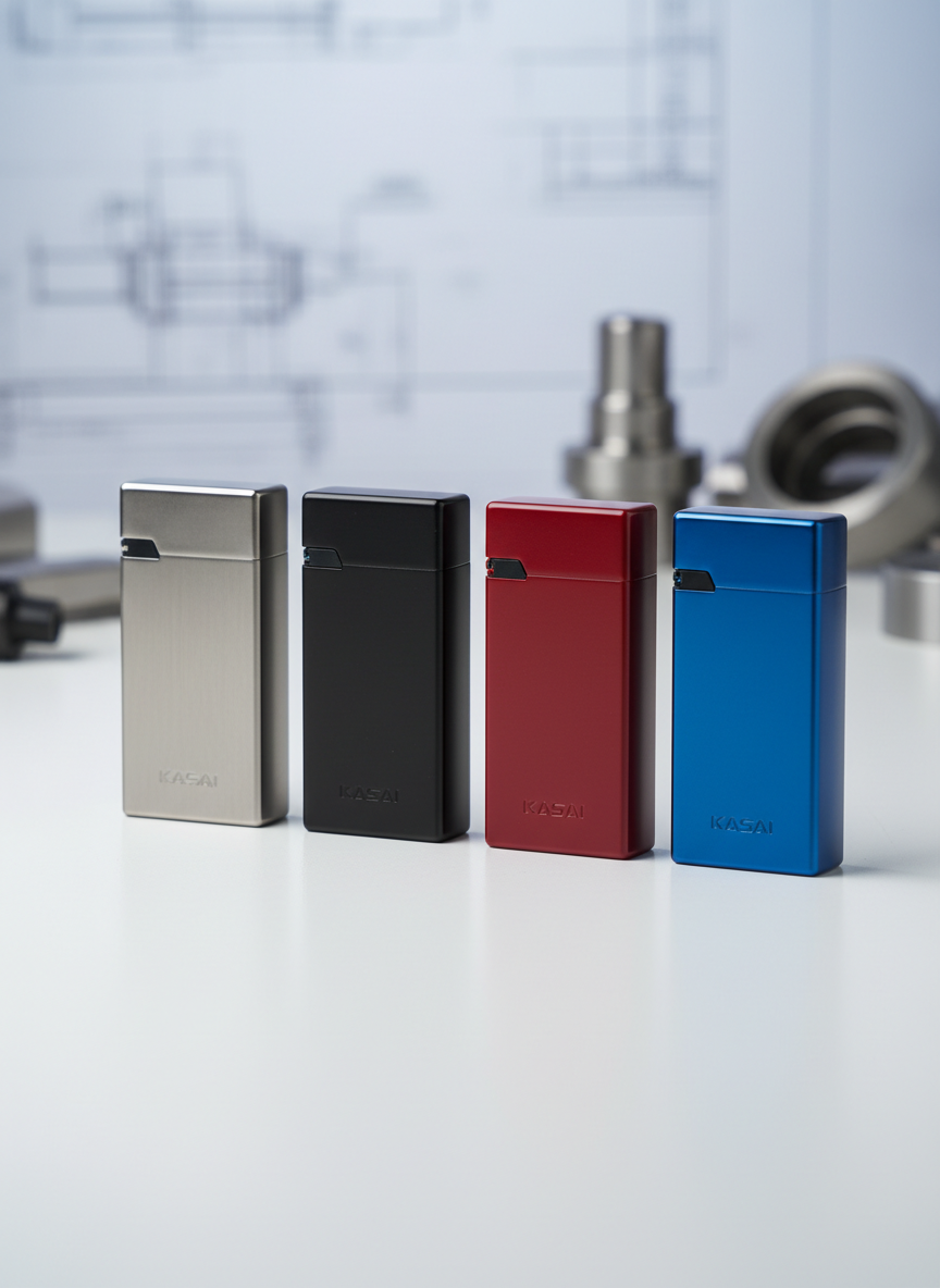 An arrangement of several Kasai lighters in different finishes—brushed steel, matte black, deep red, and metallic blue—neatly aligned on a clean white tabletop. Each lighter showcases precise edges, refined ignition mechanisms, and small, consistent Kasai logos near the base. Cool, diffused studio lighting from above eliminates harsh shadows, creating soft reflections that highlight the variety of textures and colors. In the blurred background, faint outlines of technical blueprints and metal tooling suggest advanced manufacturing. Photographic realism with a slightly elevated angle and rule-of-thirds composition emphasizes the product lineup and color range, creating a modern, professional catalog-style image for a lighter manufacturer.