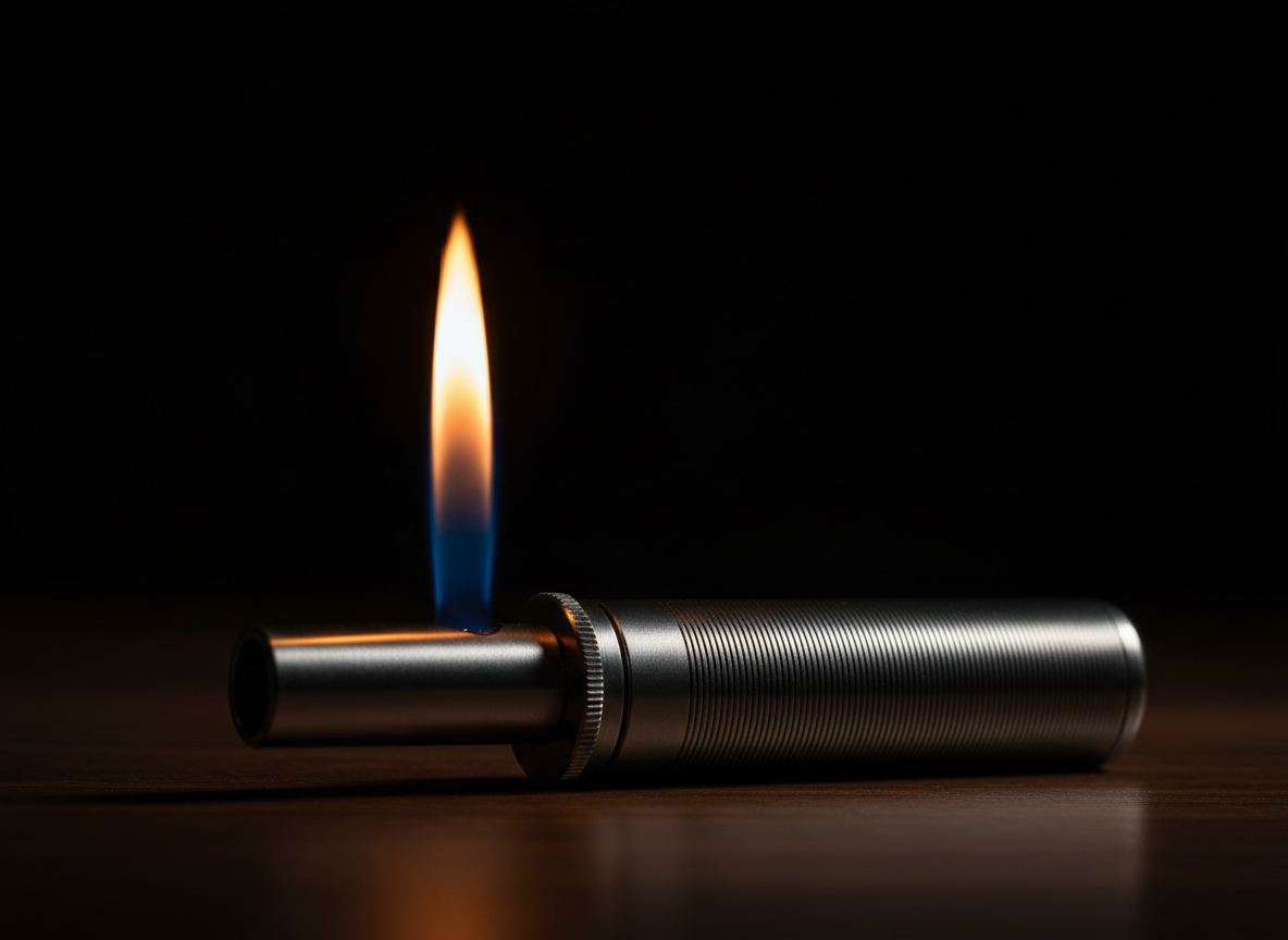 A single Kasai lighter with its flame lit, captured in photographic realism. The lighter has a matte gunmetal body with fine horizontal ridges for grip, and a precisely machined top. It rests on a dark, satin-finished wooden surface. The flame burns clean and steady, a vivid blue base transitioning to a bright yellow tip. Low-key studio lighting from the side emphasizes the glow of the flame, casting a warm reflection on the metal and subtle shadows on the wood. The background fades into deep black, with a shallow depth of field isolating the subject. The mood is bold and dramatic, showcasing reliability, power, and precision ignition technology.