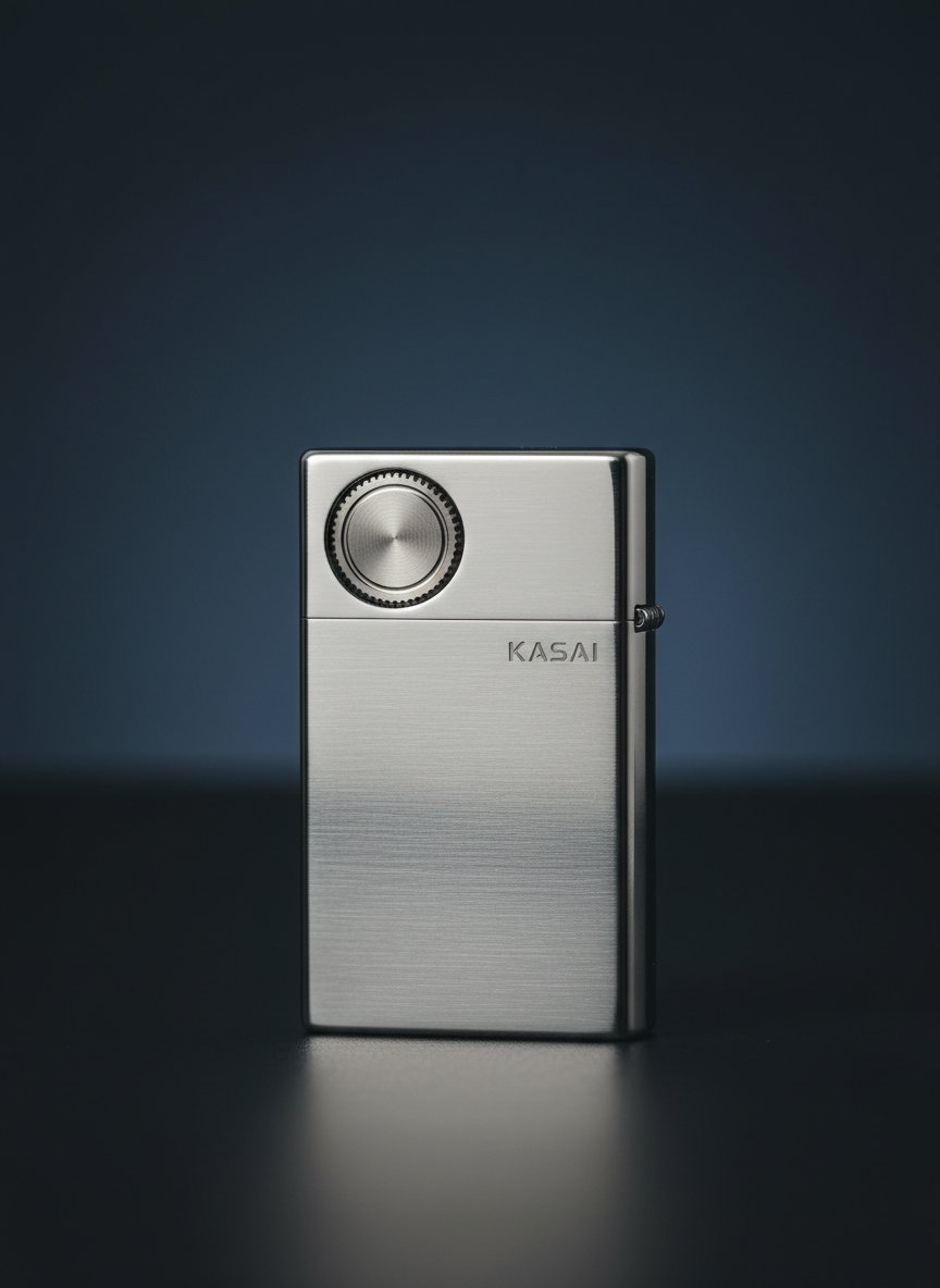 A close-up photographic image of a premium metal gas lighter branded “Kasai,” featuring a brushed stainless-steel body with subtle Kasai logo engraving and a precision knurled ignition wheel. The lighter stands upright on a matte black surface, with a faint reflection below it. Soft studio lighting from the upper left creates clean highlights along the edges and gentle shadows to the right, emphasizing craftsmanship and durability. The background is a smooth gradient from charcoal to deep navy, slightly blurred to keep full focus on the lighter. Shot at eye level with a shallow depth of field, the composition is centered and minimalist, conveying a professional, high-end industrial aesthetic suitable for a corporate website hero image.