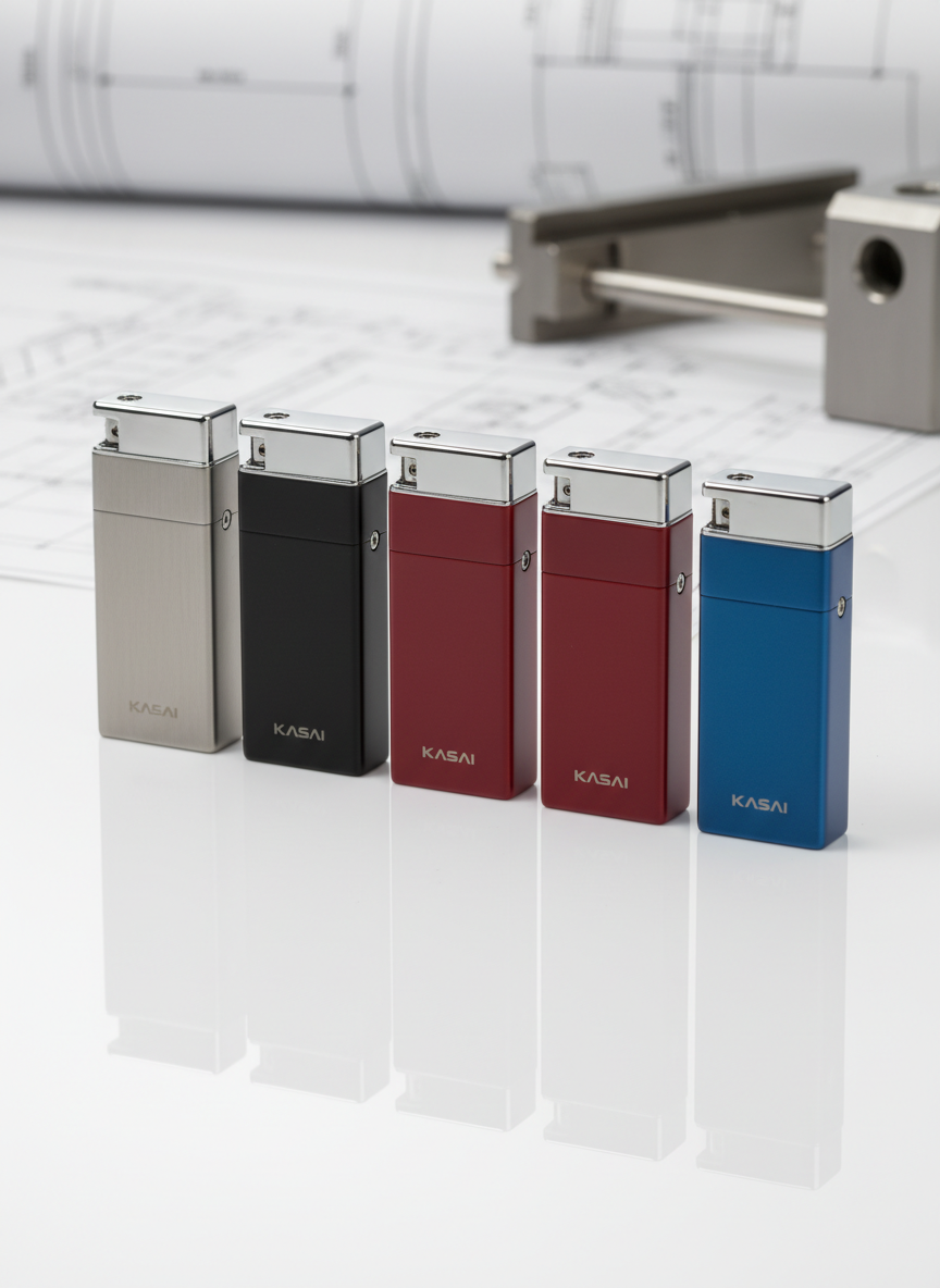 An arrangement of several Kasai lighters in different finishes—brushed steel, matte black, deep red, and metallic blue—neatly aligned on a clean white tabletop. Each lighter showcases precise edges, refined ignition mechanisms, and small, consistent Kasai logos near the base. Cool, diffused studio lighting from above eliminates harsh shadows, creating soft reflections that highlight the variety of textures and colors. In the blurred background, faint outlines of technical blueprints and metal tooling suggest advanced manufacturing. Photographic realism with a slightly elevated angle and rule-of-thirds composition emphasizes the product lineup and color range, creating a modern, professional catalog-style image for a lighter manufacturer.
