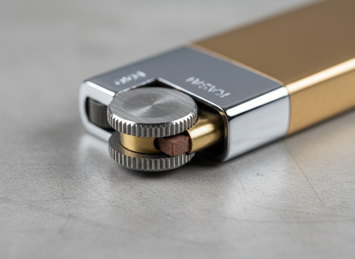 A detailed macro shot of a Kasai lighter’s ignition mechanism in photographic realism. The focus is on the finely textured metal wheel, the flint housing, and the polished top cover, all rendered in high contrast. Tiny machining marks and brushed metal grain are clearly visible, highlighting quality engineering. The lighter lies diagonally on a neutral grey industrial surface with a slight matte texture. Bright, diffused studio lighting from above reveals every detail without glare, creating crisp, minimal shadows. The composition uses a very shallow depth of field, blurring the lighter’s body and background to draw attention to the ignition parts. The mood is technical and precise, ideal for communicating the firm’s dedication to quality manufacturing.