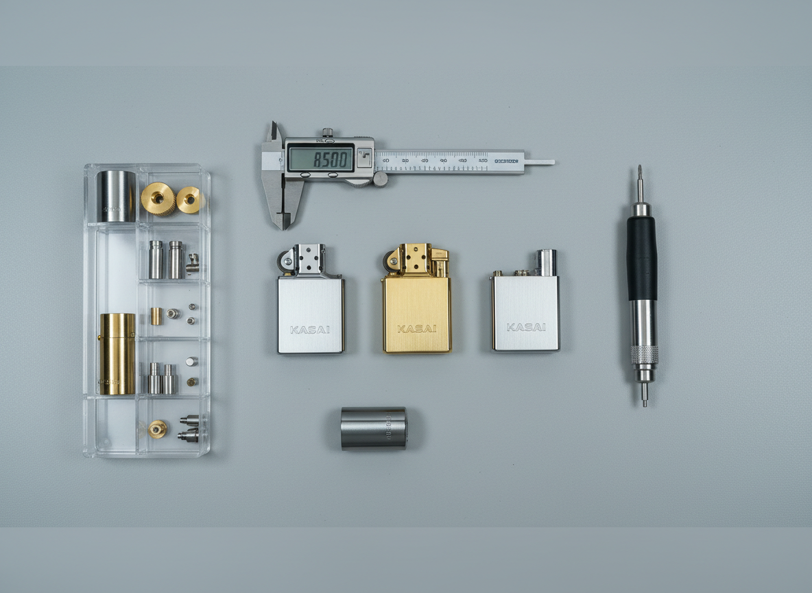 A professional, photographic overhead shot of a Kasai quality-control workstation. On a clean, light grey workbench lie several partially disassembled Kasai lighters, precision calipers, a torque screwdriver, and neatly arranged metal components such as shells, ignition wheels, and valves. Each piece has a consistent, premium metallic finish, with the Kasai logo embossed on select parts. Even, cool white studio lighting eliminates harsh shadows and ensures every detail is visible, giving a laboratory-like clarity. The composition is organized and symmetrical, evoking order and meticulous inspection processes. The background is softly blurred at the edges to keep focus on the central layout. The mood is highly professional and technical, reinforcing Kasai’s commitment to rigorous quality standards in lighter production.