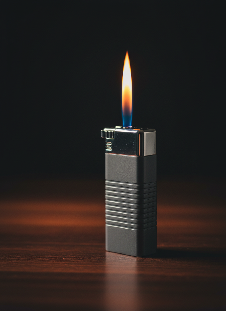 A single Kasai lighter with its flame lit, captured in photographic realism. The lighter has a matte gunmetal body with fine horizontal ridges for grip, and a precisely machined top. It rests on a dark, satin-finished wooden surface. The flame burns clean and steady, a vivid blue base transitioning to a bright yellow tip. Low-key studio lighting from the side emphasizes the glow of the flame, casting a warm reflection on the metal and subtle shadows on the wood. The background fades into deep black, with a shallow depth of field isolating the subject. The mood is bold and dramatic, showcasing reliability, power, and precision ignition technology.